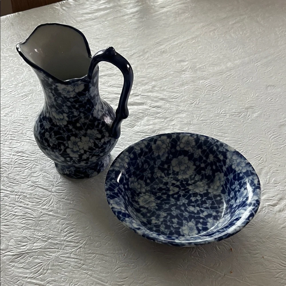 Ironstone Blue & White Pitcher and Bowl Set - Picture 1 of 3